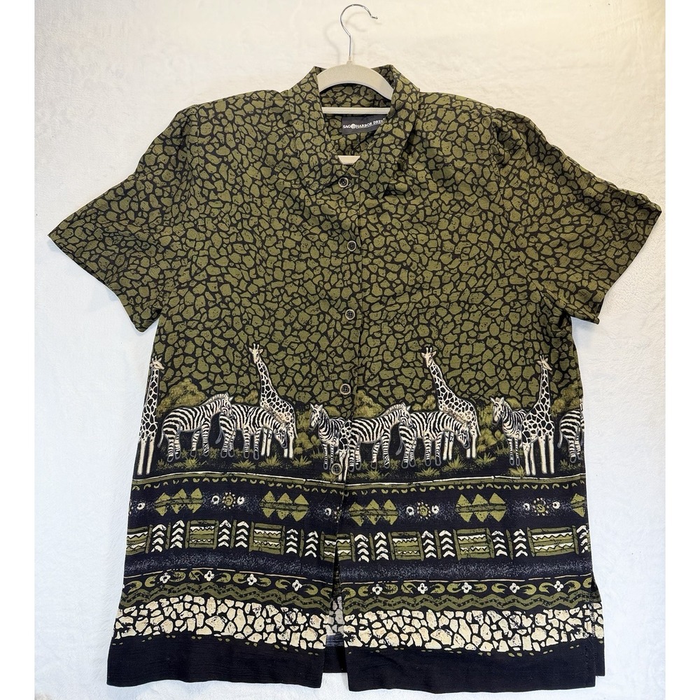 VTG 90s Safari Shirt Dress Mini 16 Olive Green Black Zebra Giraffe Shoulder Pads